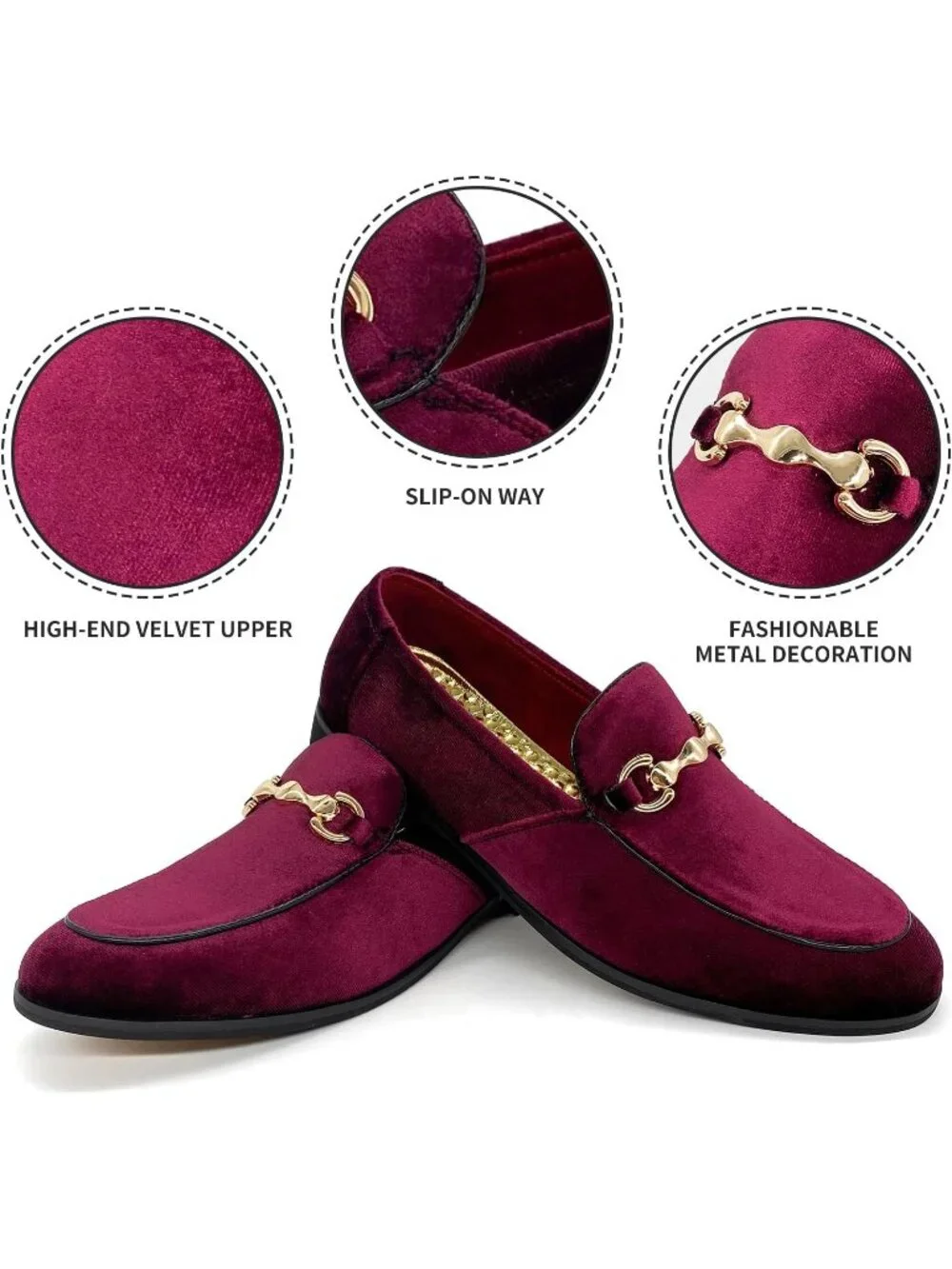 Men's Burgundy Velvet Glitter Suede Gold Bit Slip On Loafer Slipper Dress Shoes